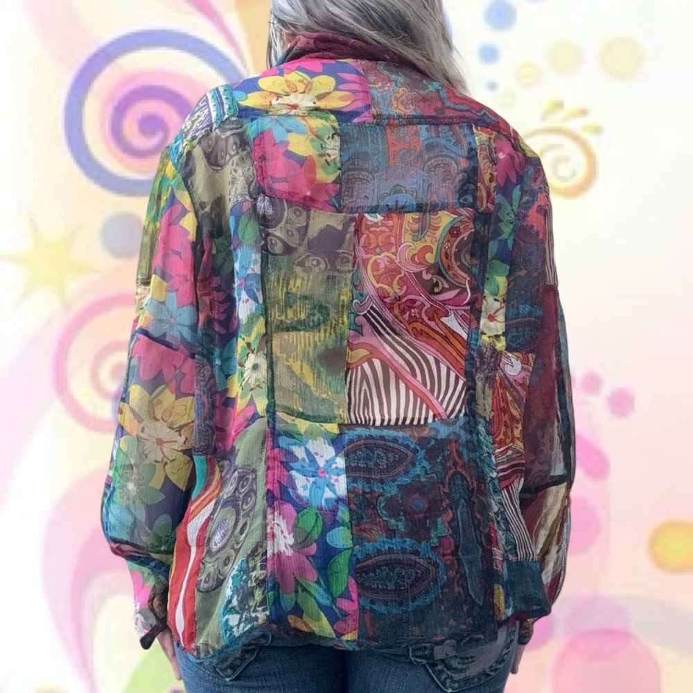 MINT vtg 90s wearable art sheer 81% silk patchwork button up - chico’s, sz 3/xl - Picture 3 of 6
